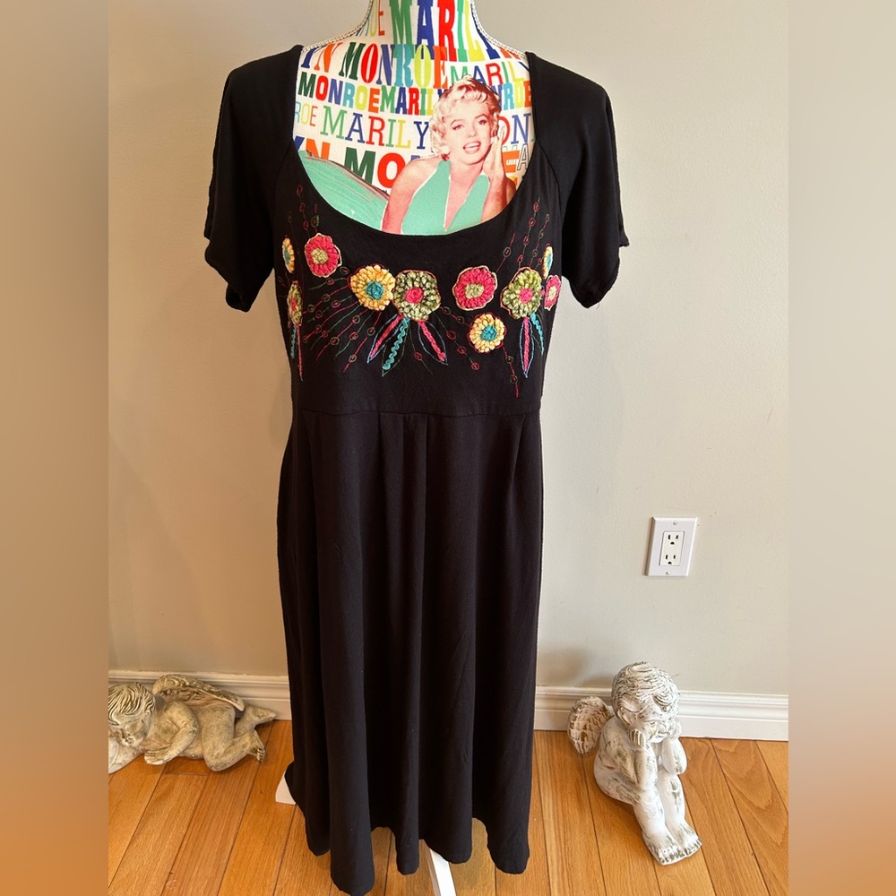 Caite Black and Green Floral Embellished Scoop Neck Dress